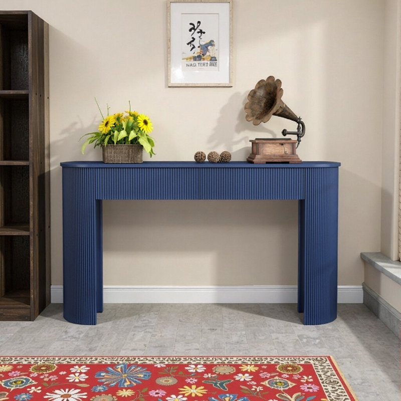 Table d'entrée avec rangement à cannelures bleu marine | Console moderne minimaliste avec plateau ovale et 2 tiroirs | Élégante table de canapé pour le couloir ou le salon