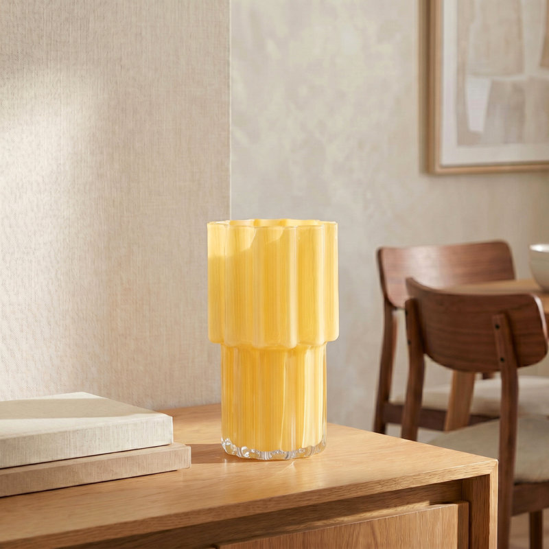  Marais 8" Ribbed Yellow Glass Vase for Floral Arrangements & Decor, Yellow