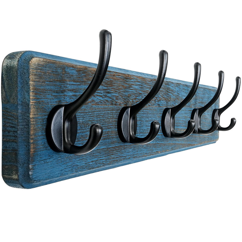 17.4" Long 5-Double-Hooks Wooden Coat Rack Wall Mount, Blue