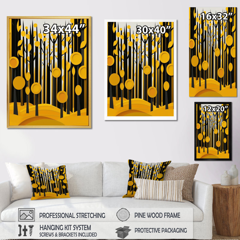 «Abstract Yellow Forest Quill Minimalisme», reproduction sur toile, Cadre flottant noir, H 44 po x l 34 po x P 1,5 po