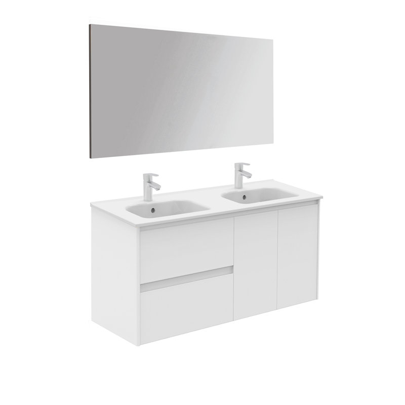 Gloss White Wall-Mounted Double Vanity Set with Mirror