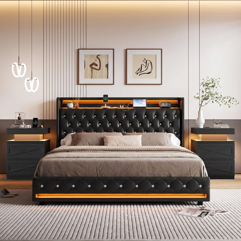 Ensemble de chambre à coucher 3 pièces avec rangement et port de chargement, Grand lit
