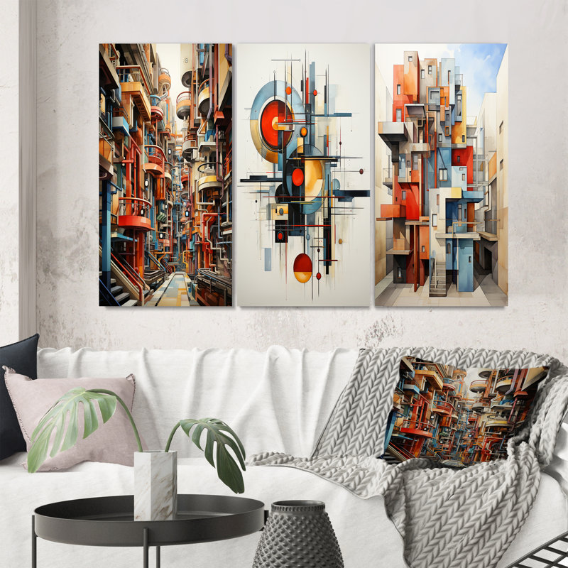 «Constructivism Industrial Utopia Imaginaire», 3 pièces sur toile, Toile tendue, H 28 po x l 36 po
