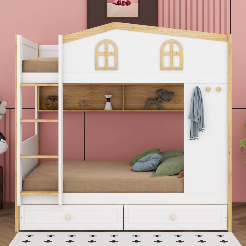 Lit superposé avec garde-corps en forme de maison et tablettes de rangement intégrées, cadre de lit superposé en bois massif avec tiroirs et crochets