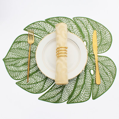 Green Leaf Shaped Vinyl Placemats For Dinner Table Set Of 6 Metallic Plastic Green Place Mats Wipeable 6Pcs Table Mats For Wedding Annersary Dinner Table Decoration Mats(17.7X13.8Inch/45X35cm)