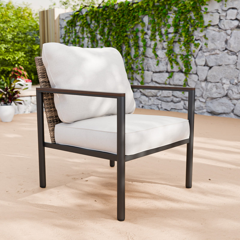 Outdoor Patio Metal Frame Wicker Backrest Wood Grain Armrest Dining Chair with Cushions, Beige