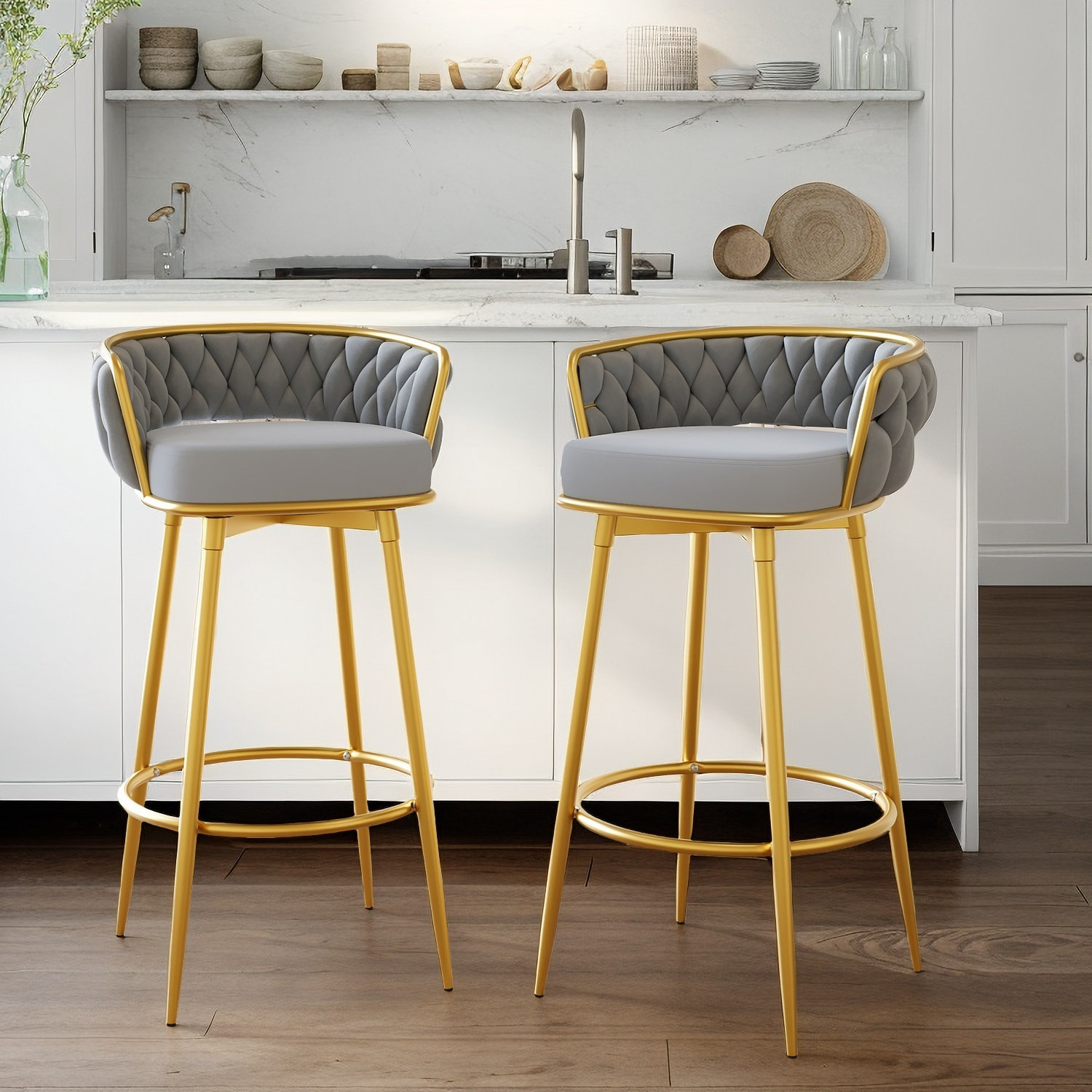 Mercer41 Marlowe 31.5" Height 180° Swivel Bar Stools Gold Metal Legs ...