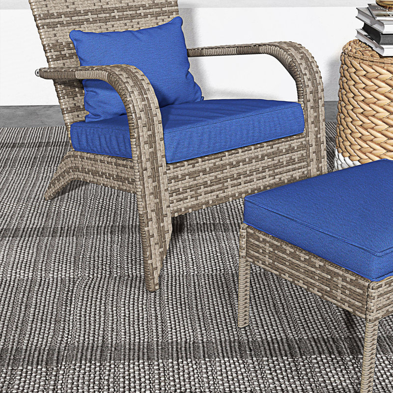 Chaise Adirondack de patio en osier avec repose-pieds, fauteuil d'extérieur avec coussins, Bleu