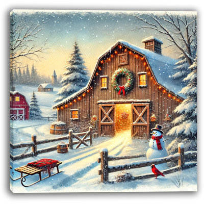 Art mural sur toile Rustic Barn avec bonhomme de neige, traîneau et lumières des Fêtes