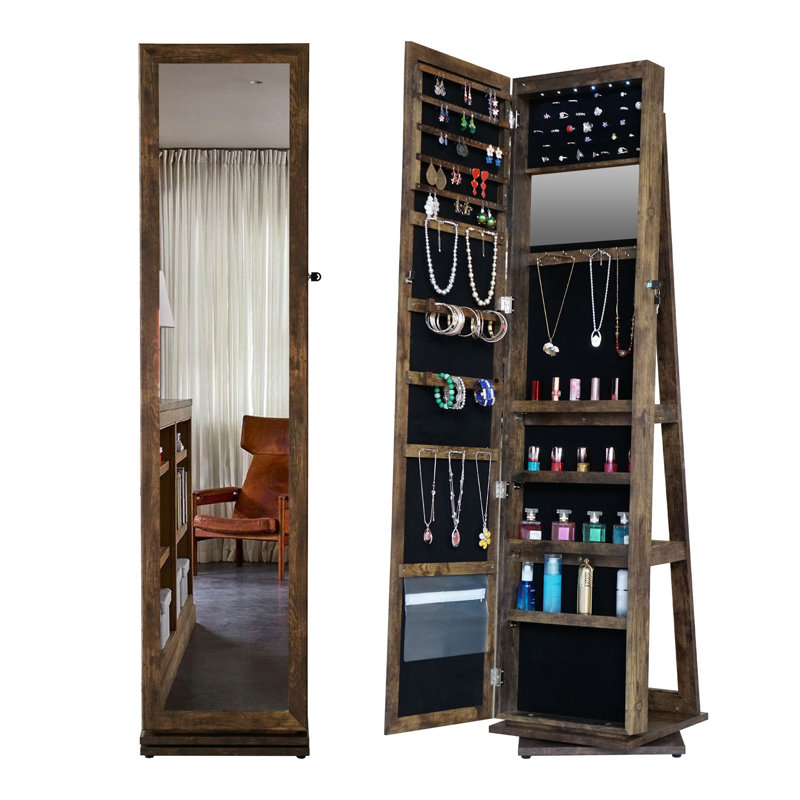 Armoire à bijoux pleine grandeur à miroir pivotant à 360 ° avec tablettes