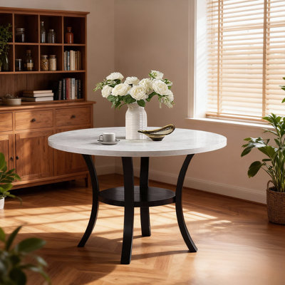 Modern Round Dining Table With Lower Shelf, White And Black, 48 Inch - Seats 4
