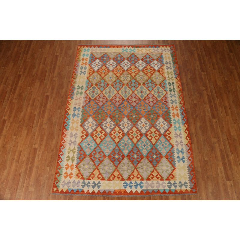 Tapis bleu / orange / crème en laine noué à la main de conception unique 6 pi 8 po x 9 pi 7 po New Age