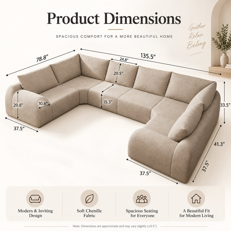 Canapé d'angle modulaire en forme de U Chenivue de 344 cm (135,5 pouces), canapé surdimensionné 6 places en chenille effet nuage avec assise profonde, mousse haute résilience comprimée sous vide, structure souple sans ossature