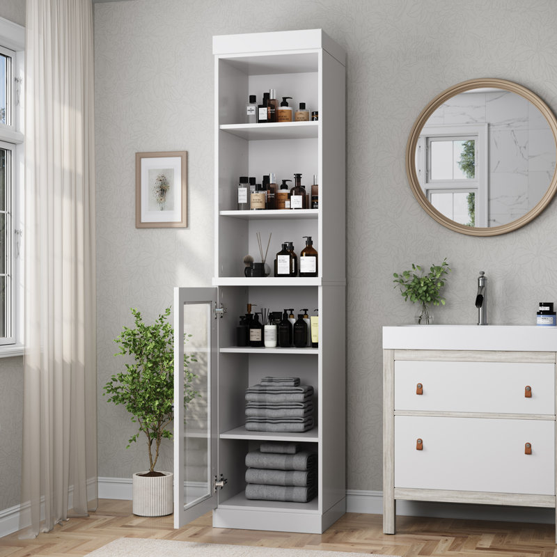 100% Solid Wood 16.5" Bathroom Storage Cabinet with Clear Glass Doors and Adjustable Shelves, White