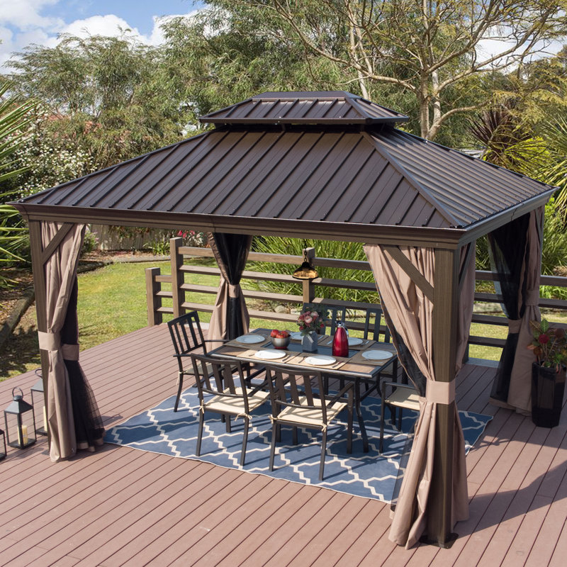 Alexander 10' x 12' Brown Aluminum Hardtop Gazebo with Curtains and Netting