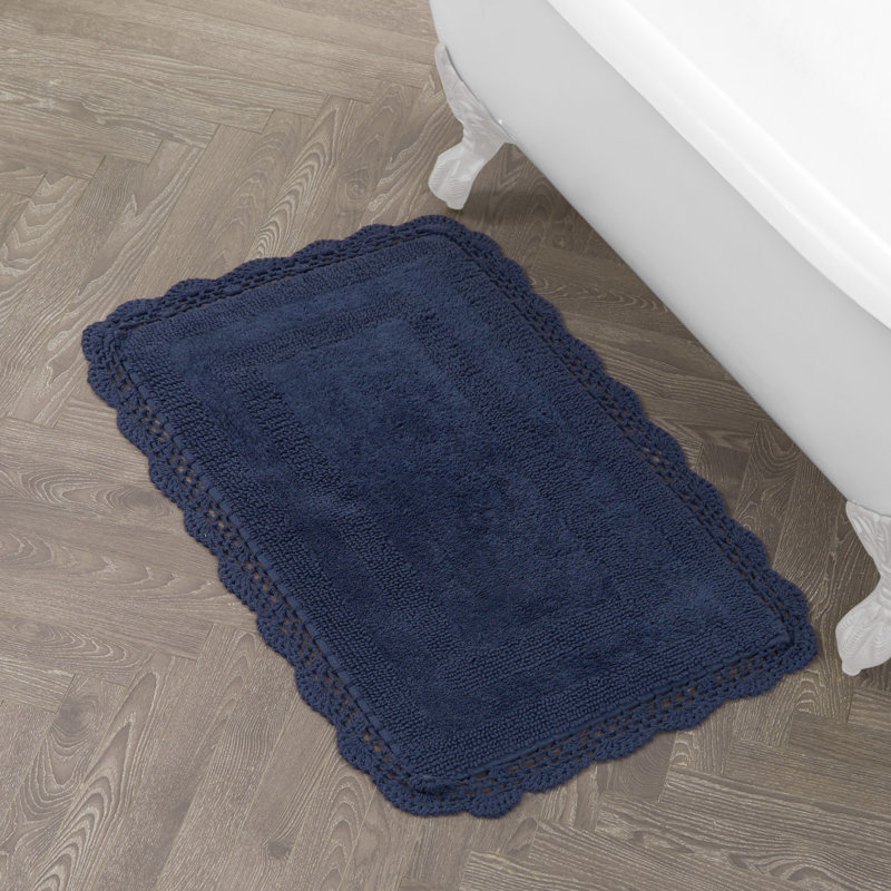Laura Ashley Crochet Machine Washable Cotton Bath Rug, Indigo, 40" L x 24" W