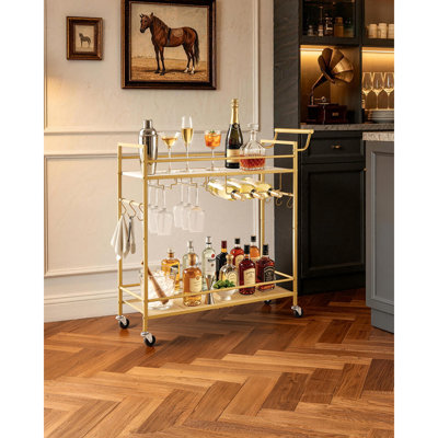 Chariot-bar, chariots de service de cuisine à 2 niveaux, station utilitaire roulante moderne sur roulettes, chariot à boissons mobile avec tablette en bois et en filet, support à vin, porte-verre, or 33,86 x 11,81 x 32,68 po
