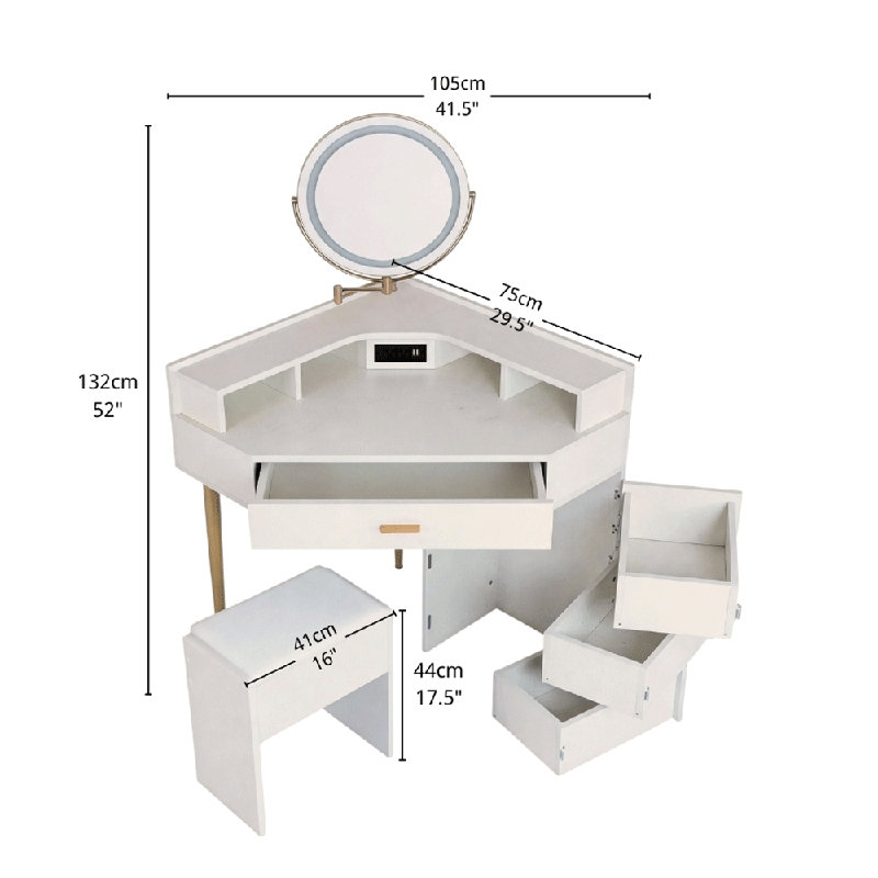 Meuble-lavabo d'angle à 4 tiroirs avec miroir DEL, station de prise et tabouret (blanchi)