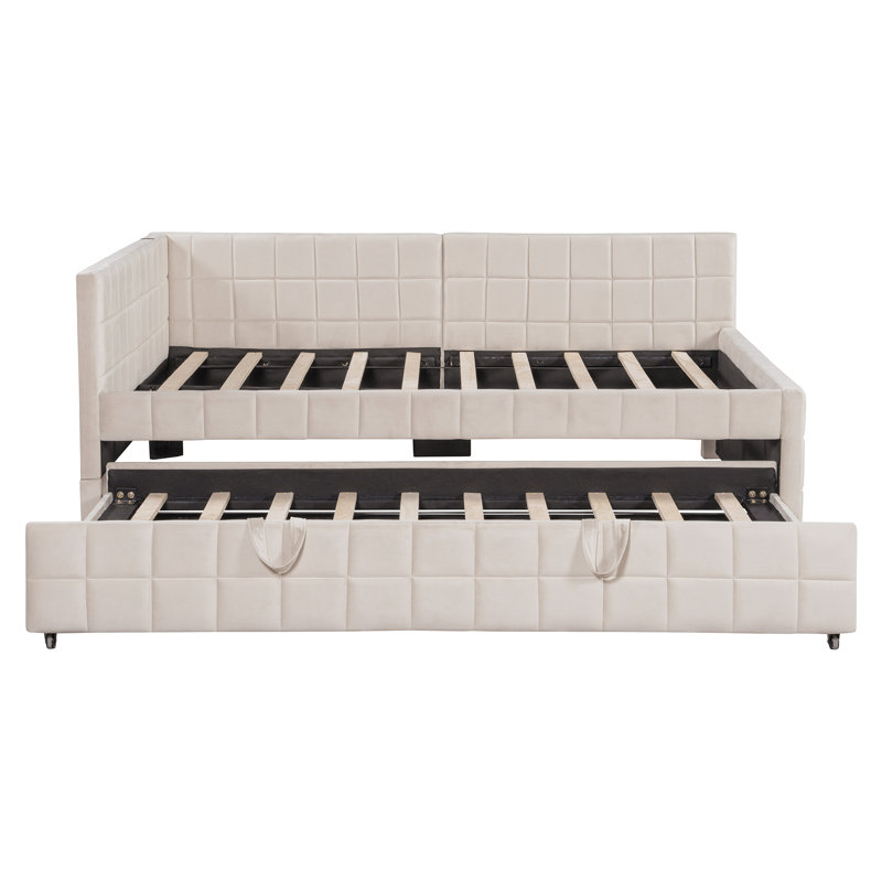 Lit de jour rembourré en L pleine grandeur avec lit gigogne escamotable et ports USB, Beige