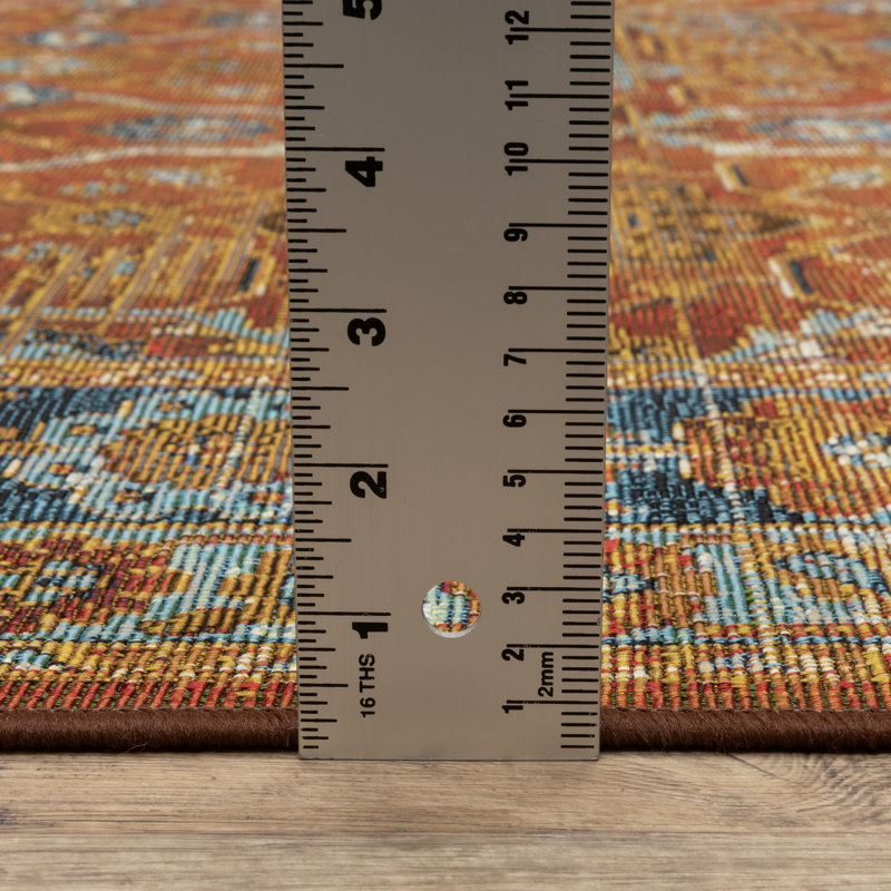Arjay Distressed Oriental Rust/ Blue Indoor-Outdoor Rug, Rectangle 2' x 3'3"