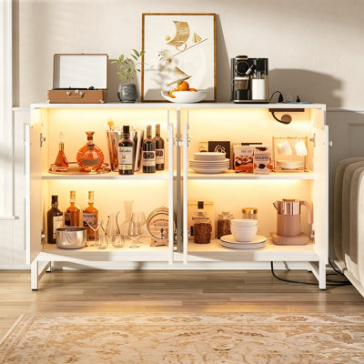 Sideboard Buffet Cabinet with LED Light, Adjustable Shelves & Power Outlet