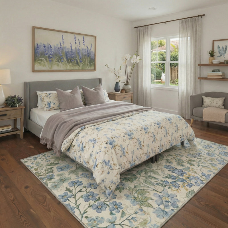 Aura Floral Machine Washable Blue/Beige/Green Indoor Area Rug With Non-Slip Backing, Rectangle 9' x 12', Blue/Green