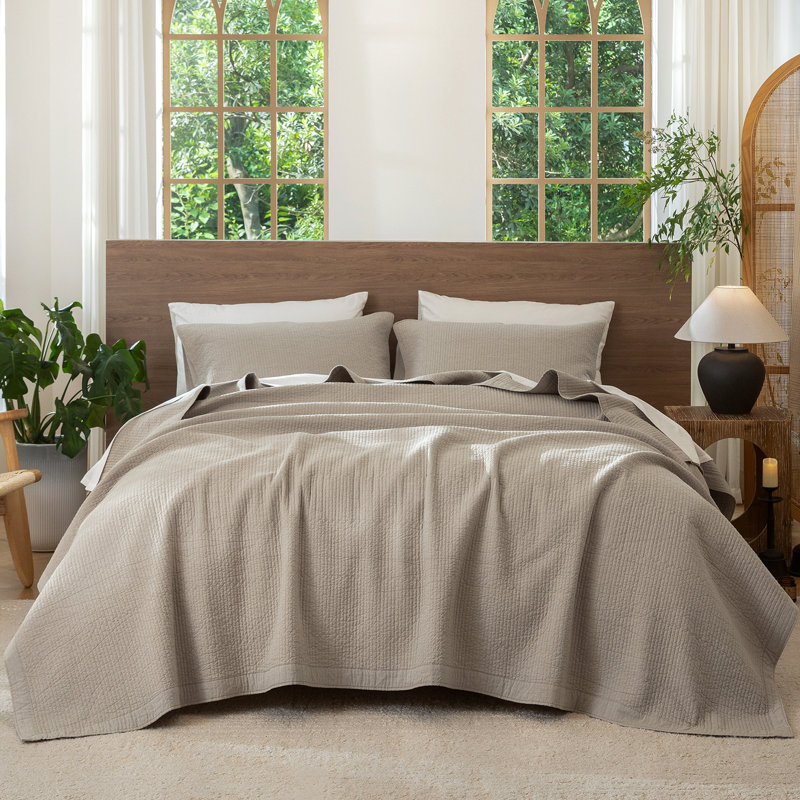Ensemble de courtepointe à rayures 100% coton délavé, Lin gris tanné, Courtepointe pour grand lit + 2 taies décoratives