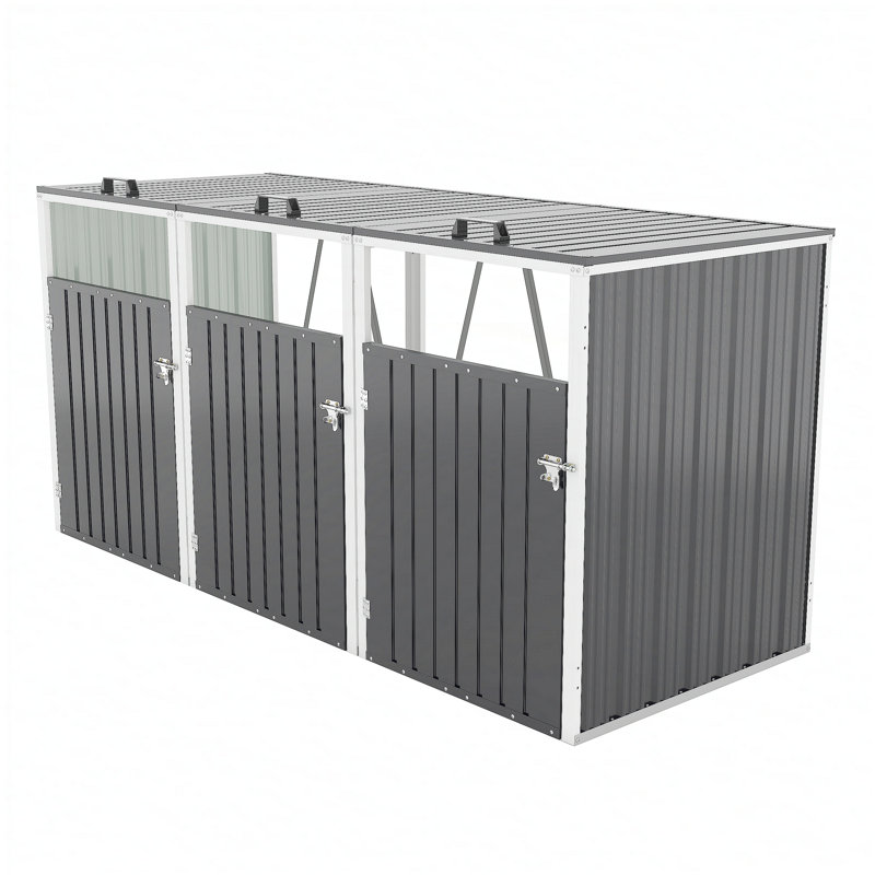 Garbage Bin Shed Stores 3 Trash Cans with Pneumatic Support Rod, with Lockable Doors & Waterproof Lid Chain, for Patio,Garden,Backyard,Grey