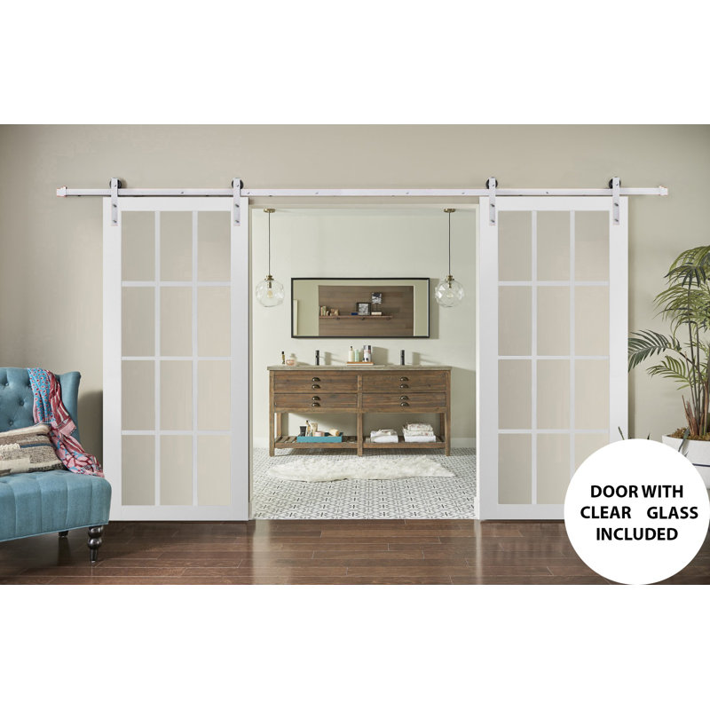 Matte White Solid Wood Double Barn Door with Clear Glass Panels