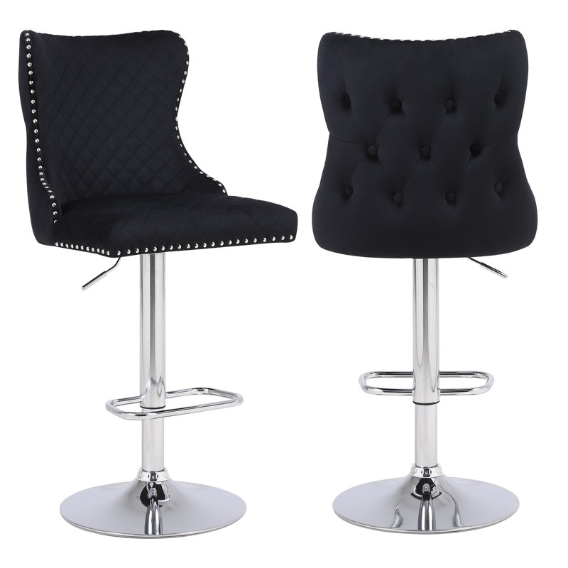 Adjustable Velvet Bar Stools with Nail head Trim for Kitchen Island and Bar, Black