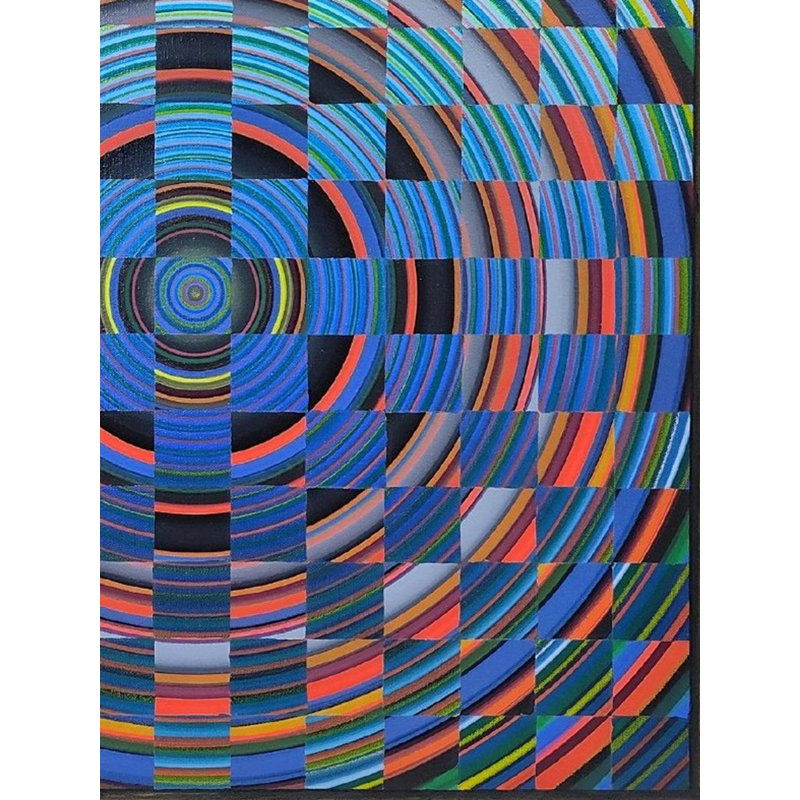 Art abstrait coloré en damier circulaire par Ghanshyam Gupta - 27 po x 27 po, peinture acrylique contemporaine pour décoration murale moderne