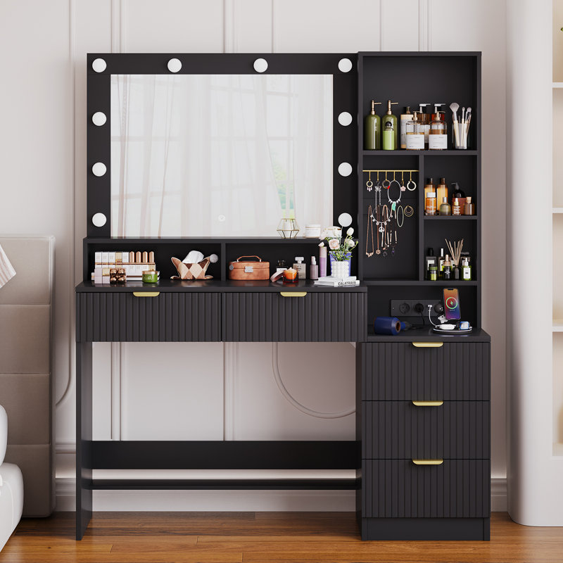Dressing Table With USB Charge Make-up Desk Multi-storage Vanity Table, Black