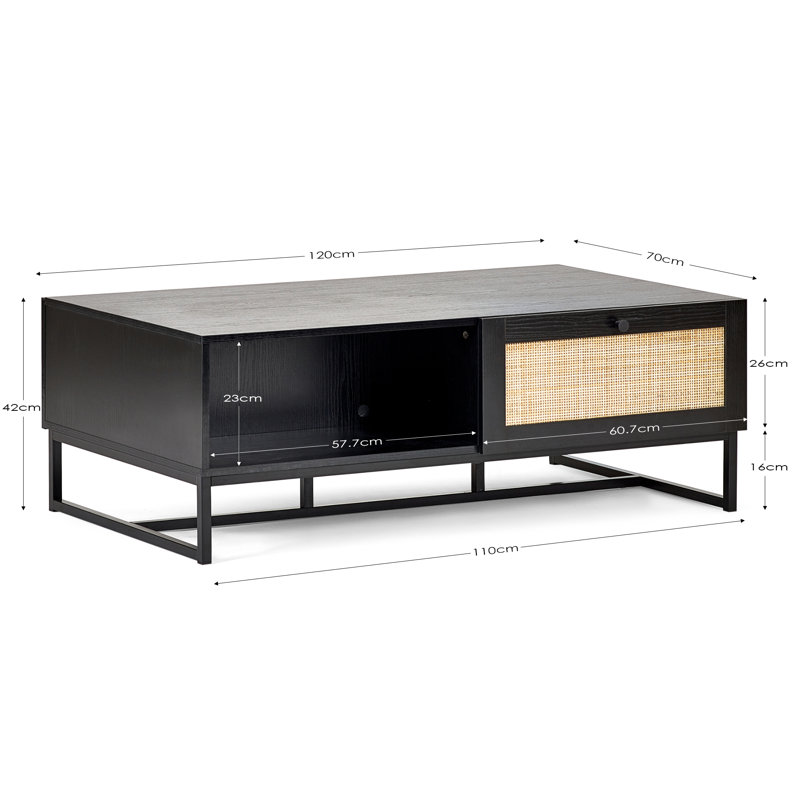 Reese Trestle Coffee Table with Storage, Black/Rattan