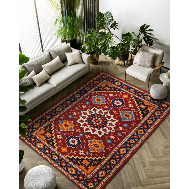 Floral Harmony Collection Digital Print Cotton-Polyester Blend Rug – Red & Floral Pattern, Square 4'