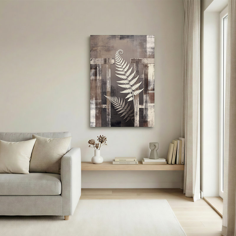Art mural sur toile, fond de fougère blanche sur fond gris et brun patiné, H 48 po x l 36 po