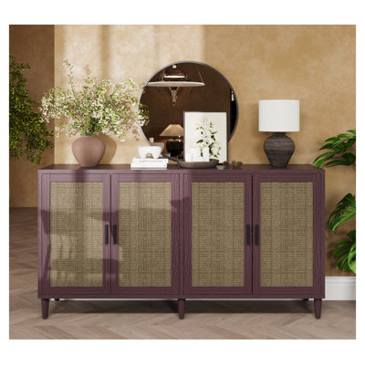 70" Rattan Buffet Cabinet with Adjustable Shelves - 4-Door Mid-Century Modern Sideboard Storage for Dining Room & Living Room