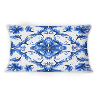 Coussin décoratif abstrait à motif floral abstrait bleu et blanc