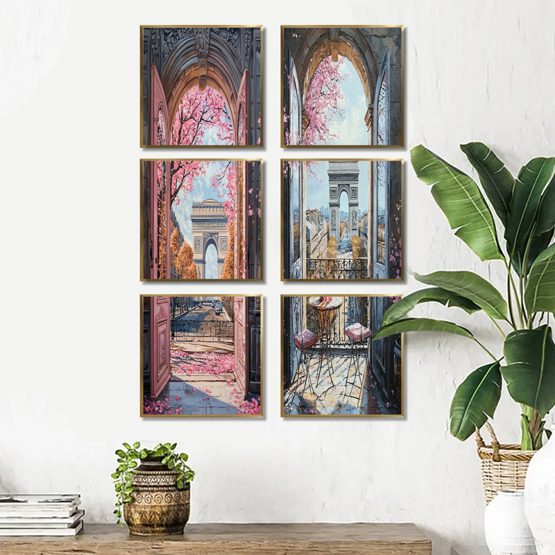 «Pink Arc De Triomphe Windows View - Paris», ensemble d'art mural sur toile, Impression encadrée sans passe-partout, Doré
