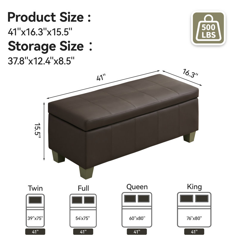 Banc de rangement rembourré en similicuir de 41 po de largeur, Brun, H 15,5 po x l 41 po x P 16,3 po