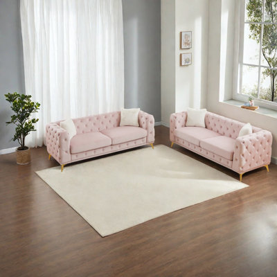Canapés à compression 3 places, pieds en velours rose, ensemble pour maison moderne