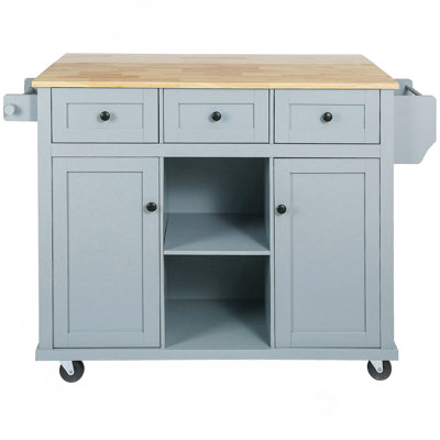 Kitchen Cart With Rubber Wood Drop-Leaf Countertop ,Cabinet Door Internal Storage Racks,Kitchen Island On 5 Wheels With Storage Cabinet And 3 Drawers For Dinning Room