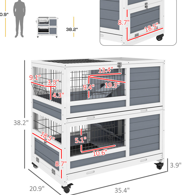 Lapin gris en bois 2 avec portes amovibles - roues de cage intérieure, auge, plateaux, rampes pour 1 à 2 lapins, roues flexibles, lapins 35,5 po, couche supérieure incorporable