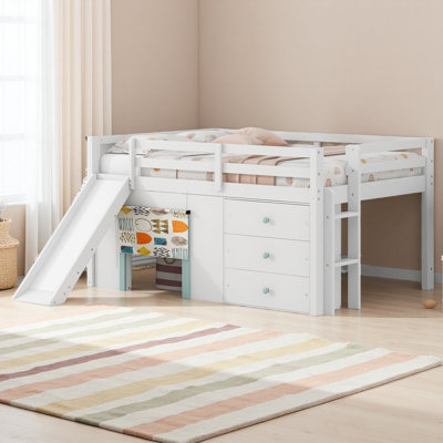 Full Size Low Loft Bed With Slide,Three Storage Drawers And Two Doors