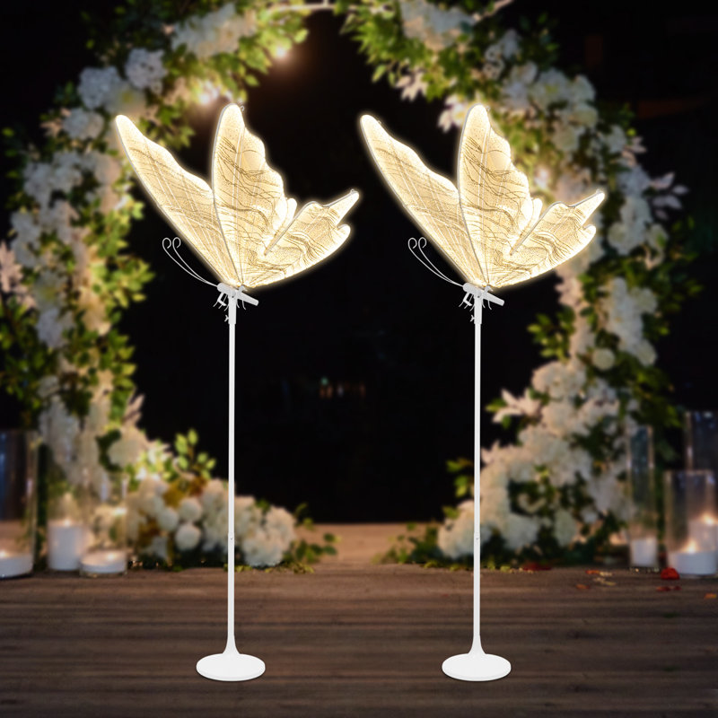2Pcs Elegant Wedding Decoration Butterfly Floor Lamp LED Ambient Light Gold Gauze Warm Light, White