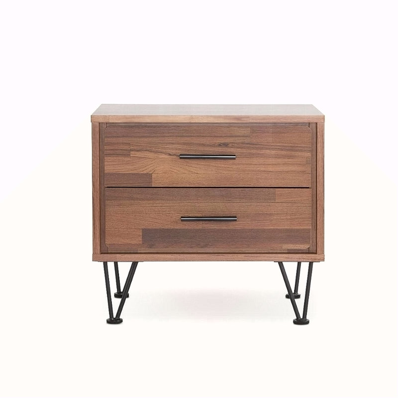 2 Drawers Nightstand With Metal Legs, Black/Brown