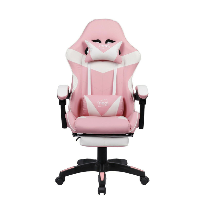 Racing Massage Computer Gaming Chair with Footrest, Pink/White