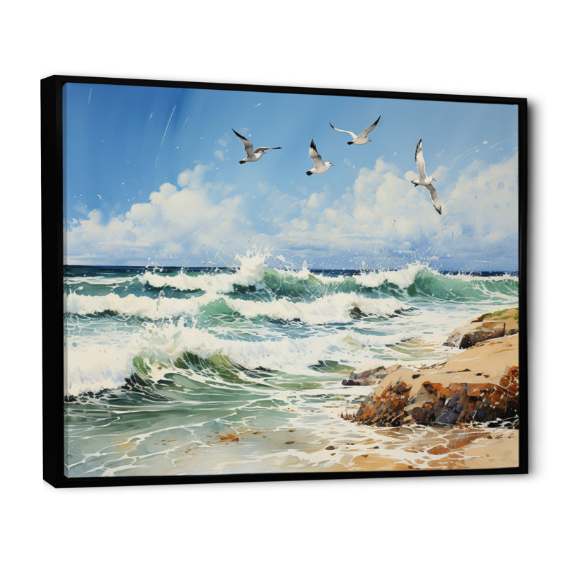 Seagulls In Flight Over Beach I - Nautical & Beach Canvas Art Print, Cadre flottant noir, H 34 po x l 44 po x P 1,5 po