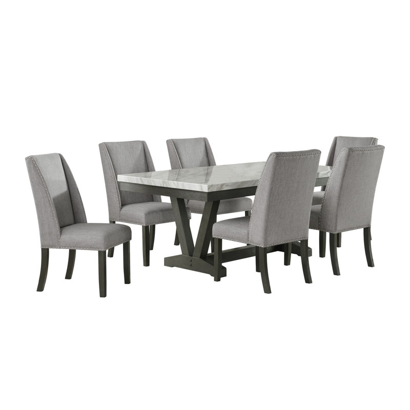 Houle Faux Marble Top Trestle Dining Set, 7 Pieces: Table, 6 Chairs
