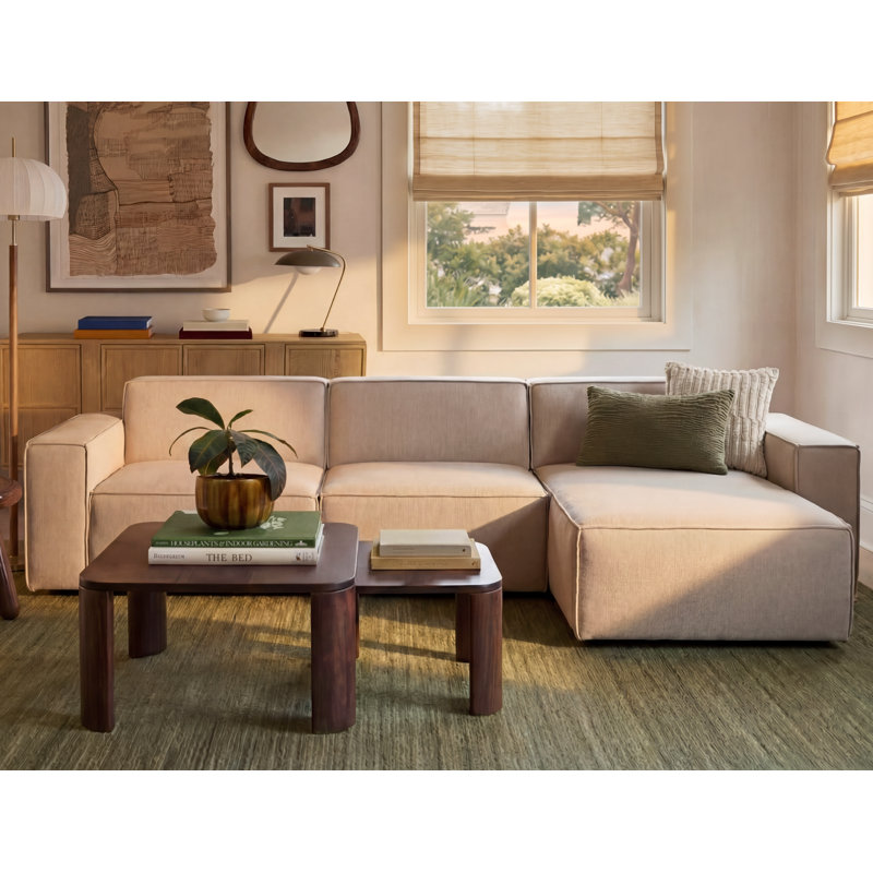 Shonnard Modern 4-Piece Modular Sofa With Moveable Ottoman, Beige Cotton Blend