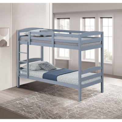 Lit simple au-dessus d'un lit superposé, gris avec design arqué, bois massif et bois d'ingénierie, joint, profondeur de 42,5 po pour l'installation de la chambre à coucher, style transitionnel à lattes, arrangement de 79 po